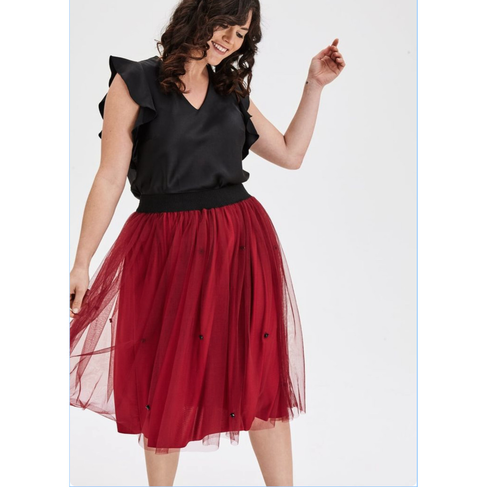 NWT! ELVI Red Tulle Midi Skirt ~ Lined with Cute Embellishments ~ Size 16 US